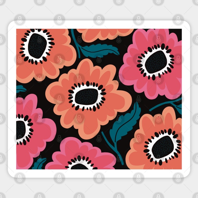 The Happy flowerpower pattern in 1970-style, pink,  black, red , orange, green Sticker by marina63